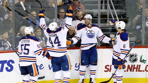 Edmonton Oilers celebrate, Darcy Finley/National Hockey League/Getty Images Edmonton Oilers celebrate