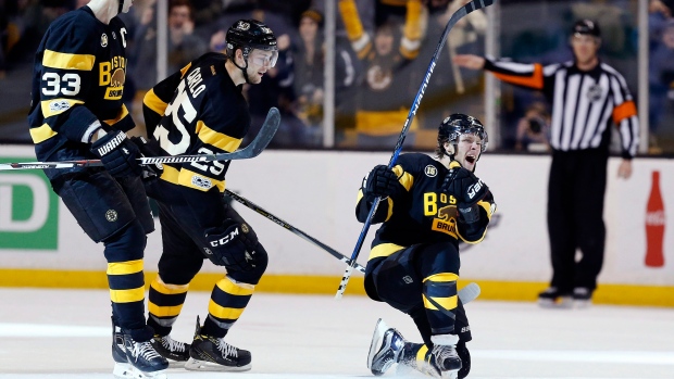 David Pastrnak and Boston Bruins celebrate goal, The Canadian Press David Pastrnak and Boston Bruins celebrate goal