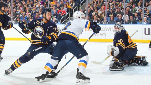 Nicholas Baptiste, Jaden Schwartz and Robin Lehner