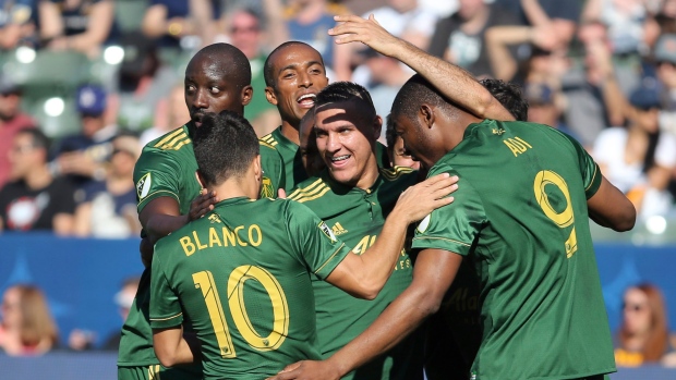Timbers players celebrate, The Canadian Press Timbers players celebrate