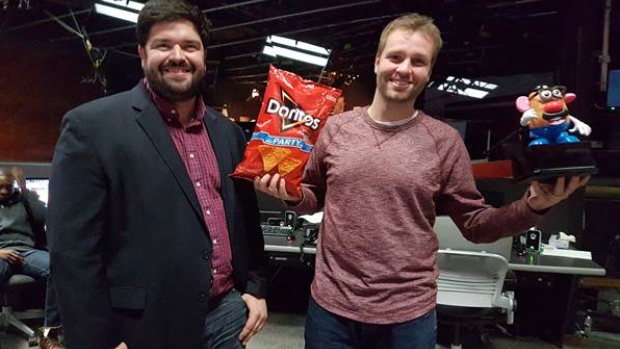 National Chip Eating Association Commissioner Duncan Clair and 2017 champion Gethan Rogers, TSN Fun Squad National Chip Eating Association Commissioner Duncan Clair and 2017 champion Gethan Rogers
