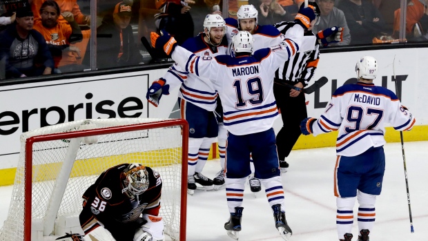 Mark Letestu, Oilers celebrate, The Canadian Press Mark Letestu, Oilers celebrate