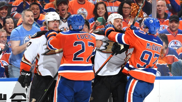 Hampus Lindholm and Ryan Getzlaf scrum with Milan Lucic and Connor McDavid, Andy Devlin/National Hockey League/Getty Images Hampus Lindholm and Ryan Getzlaf scrum with Milan Lucic and Connor McDavid