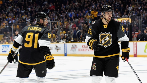 Erik Karlsson and Steven Stamkos , Brian Babineau/National Hockey League/Getty Images Erik Karlsson and Steven Stamkos