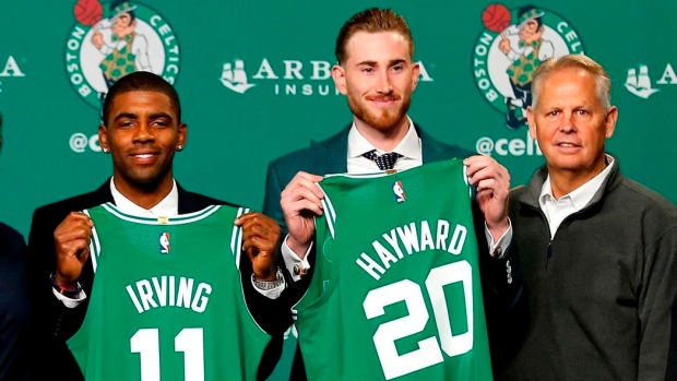 Kyrie Irving, Gordon Hayward and Danny Ainge