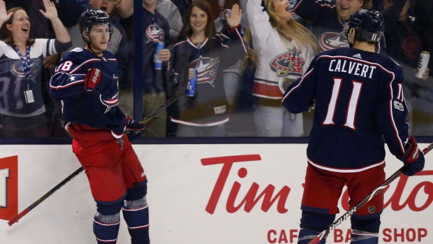 Pierre-Luc Dubois and Matt Calvert celebrate goal, The Canadian Press Pierre-Luc Dubois and Matt Calvert celebrate goal