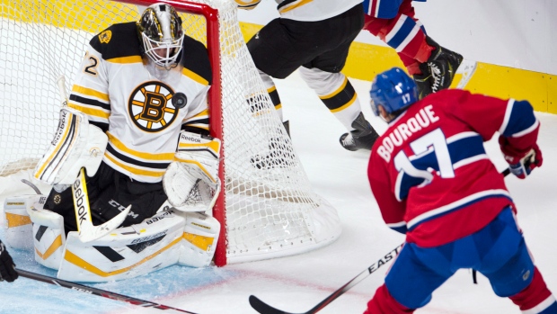 Rene Bourque is stopped by Boston Bruins goalie Niklas Svedberg