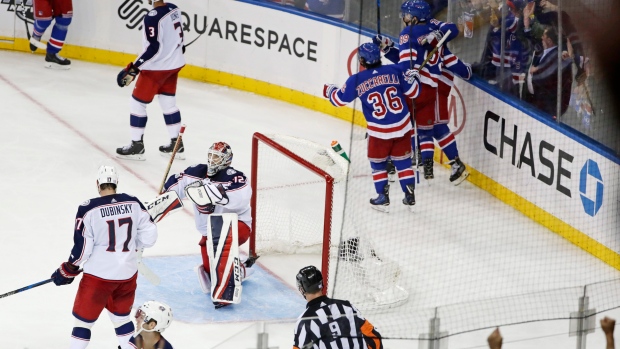 Rangers celebrate vs. Bobrovsky