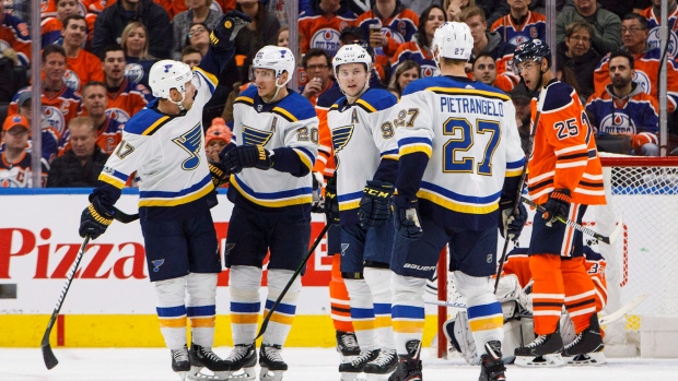 Jaden Schwartz, Alexander Steen, Vladimir Tarasenko and Alex Pietrangelo celebrate