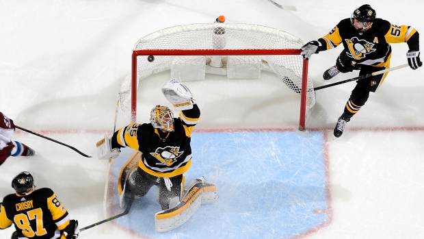 Tristan Jarry, Sidney Crosby and Kris Letang