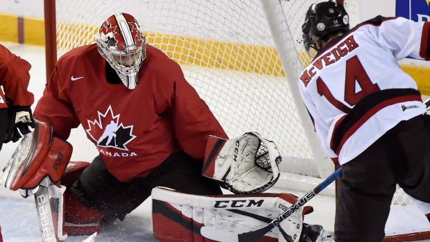 Samuel Harvey stops Logan McVeigh , The Canadian Press Samuel Harvey stops Logan McVeigh