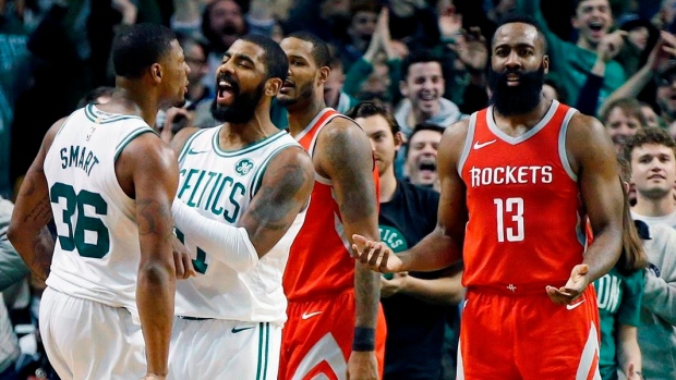 Marcus Smart, Kyrie Irving and James Harden