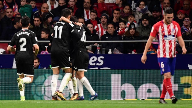 Sevilla celebrates goal, PIERRE-PHILIPPE MARCOU/AFP/Getty Images Sevilla celebrates goal