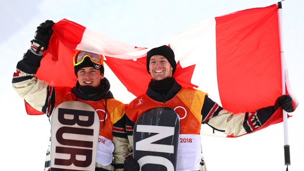 Bronze medalist Mark McMorris of Canada and silver medalist Max Parrot of Canada pose