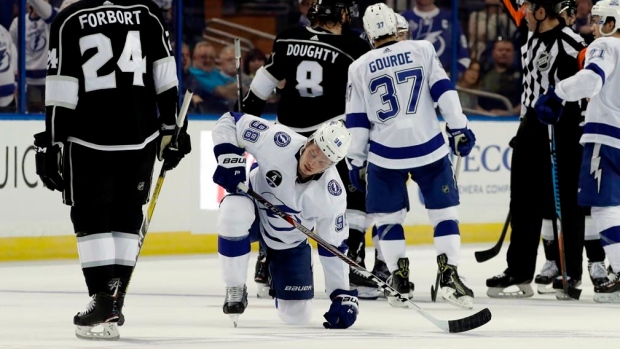 Mikhail Sergachev after being kneed by Brown