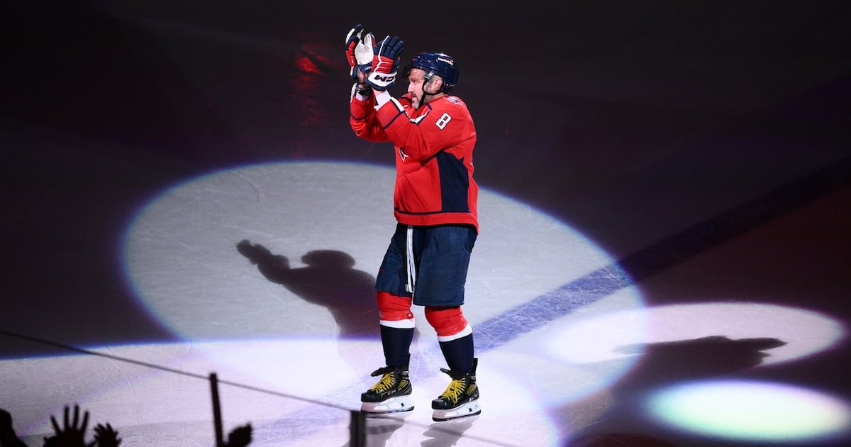 Photo: TSN Washington Capitals left wing Alex Ovechkin reacts after he was named the first star after an NHL hockey game against the