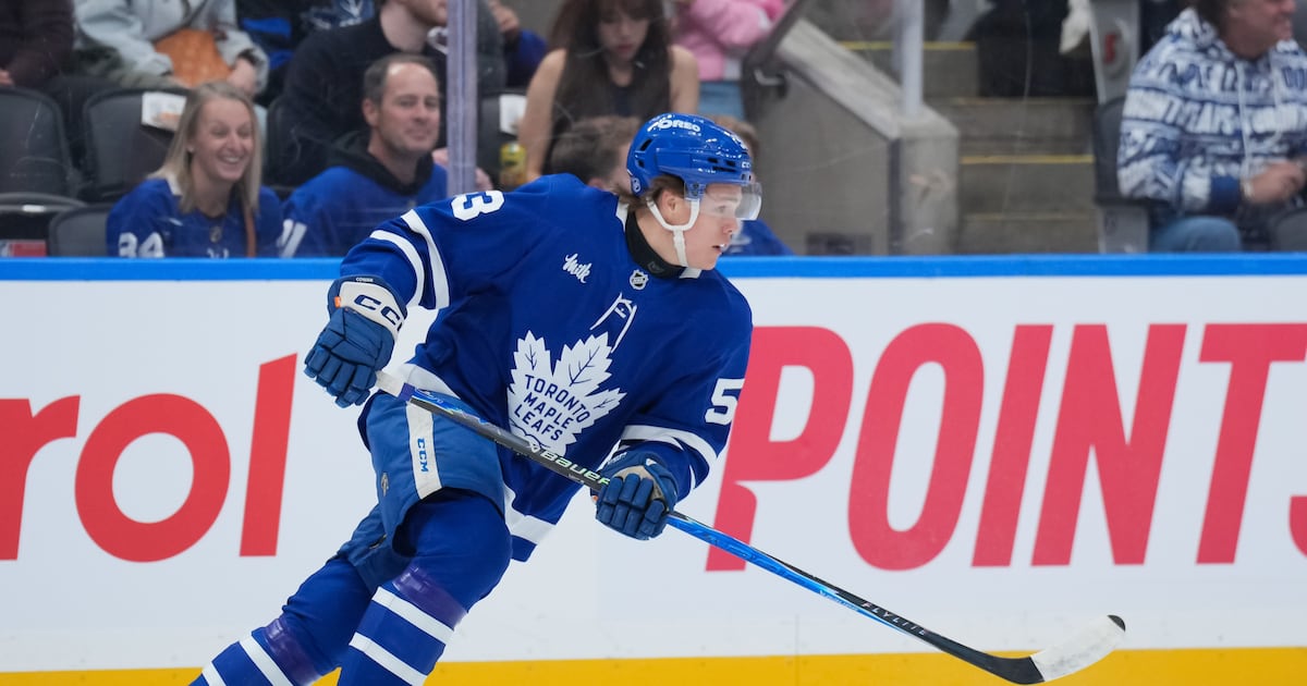 Easton Cowan of the Toronto Maple Leafs drives Brandon Hagel of the Tampa Bay Lightning in an attempt to make a big impact in the AHL playoffs Easton Cowan of the Toronto Maple Leafs drives Brandon Hagel of the Tampa Bay Lightning in an attempt to make a big impact in the AHL playoffs