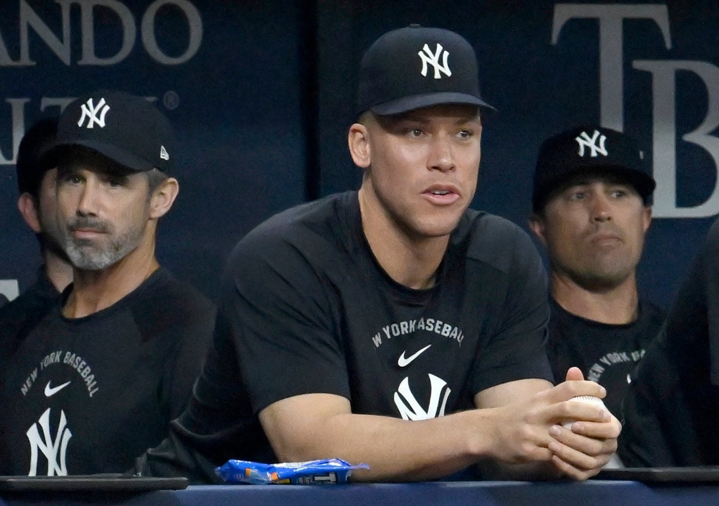 Aaron Judge in the Yankees dugout while recovering from injury