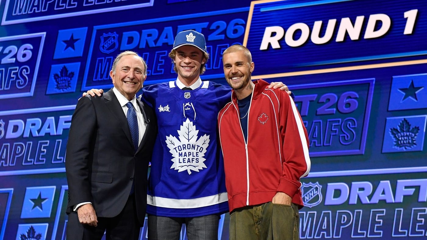 Gavin McKenna after being selected by the Toronto Maple Leafs