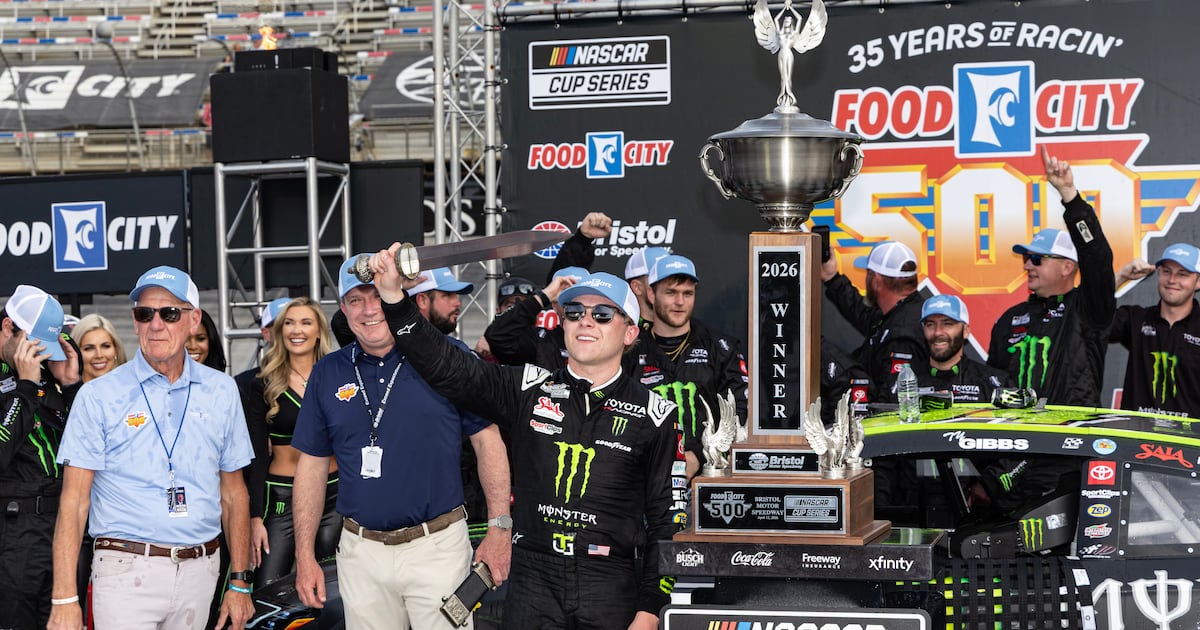 Ty Gibbs celebrating his first NASCAR Cup Series victory at Bristol Motor Speedway.