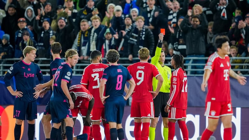 Bayern’s Olise sent off for two yellow cards within seconds in Champions League