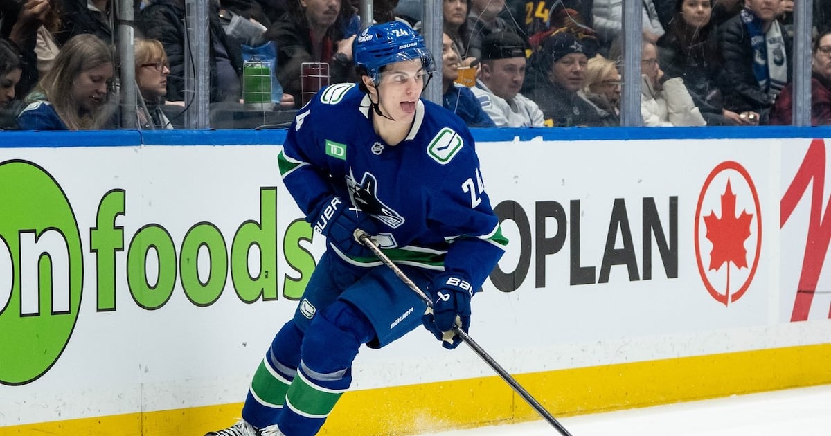 Photo: tsn.ca Vancouver Canucks' Zeev Buium (24) skates with the puck during the second period of an NHL game in Vancouver, B.C