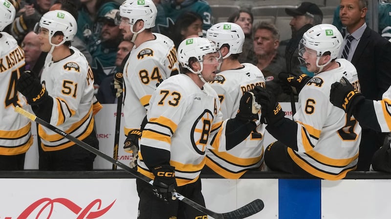 McAvoy scores in his first game back from a suspension to lead the Bruins past the Sharks