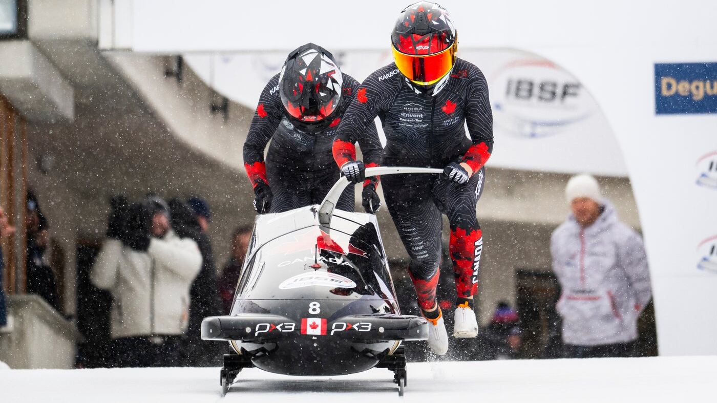 Melissa Lotholz and Kelsey Mitchell of Canada in action, during the Women's two-person bobsled World Cup, in St. Moritz, Switzerland, Sunday, Jan. 11, 2026. (Mayk Wendt/Keystone via AP)