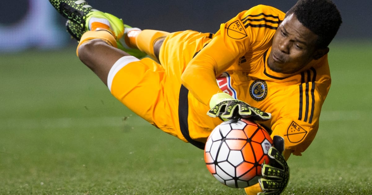 Union goalkeeper Andre Blake battles Nashville rookie Brian Schwake to ...