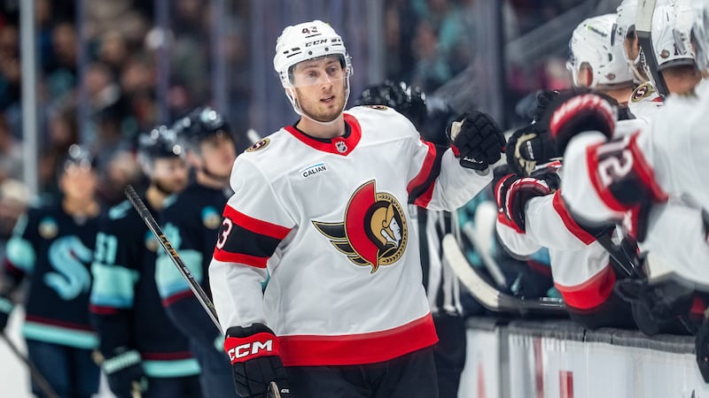 Sens D Kleven on ice for practice in non-contact jersey