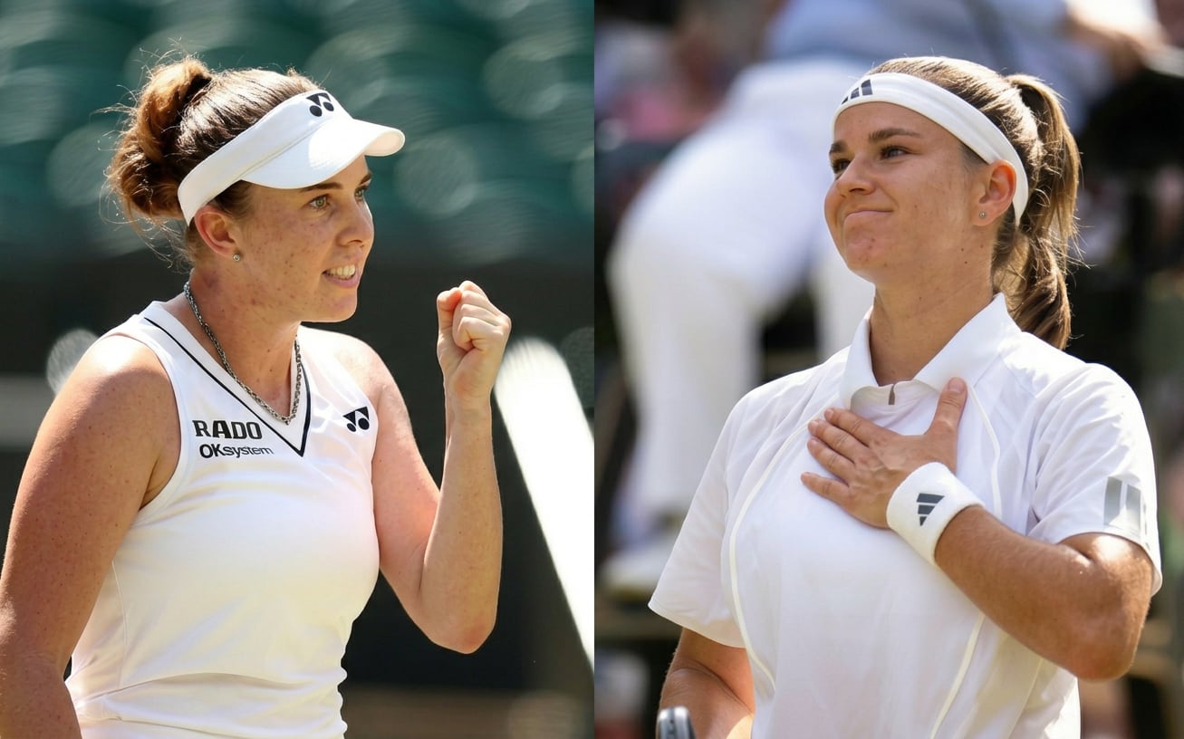 Karolina Muchova reacts after defeating Coco Gauff at Wimbledon
