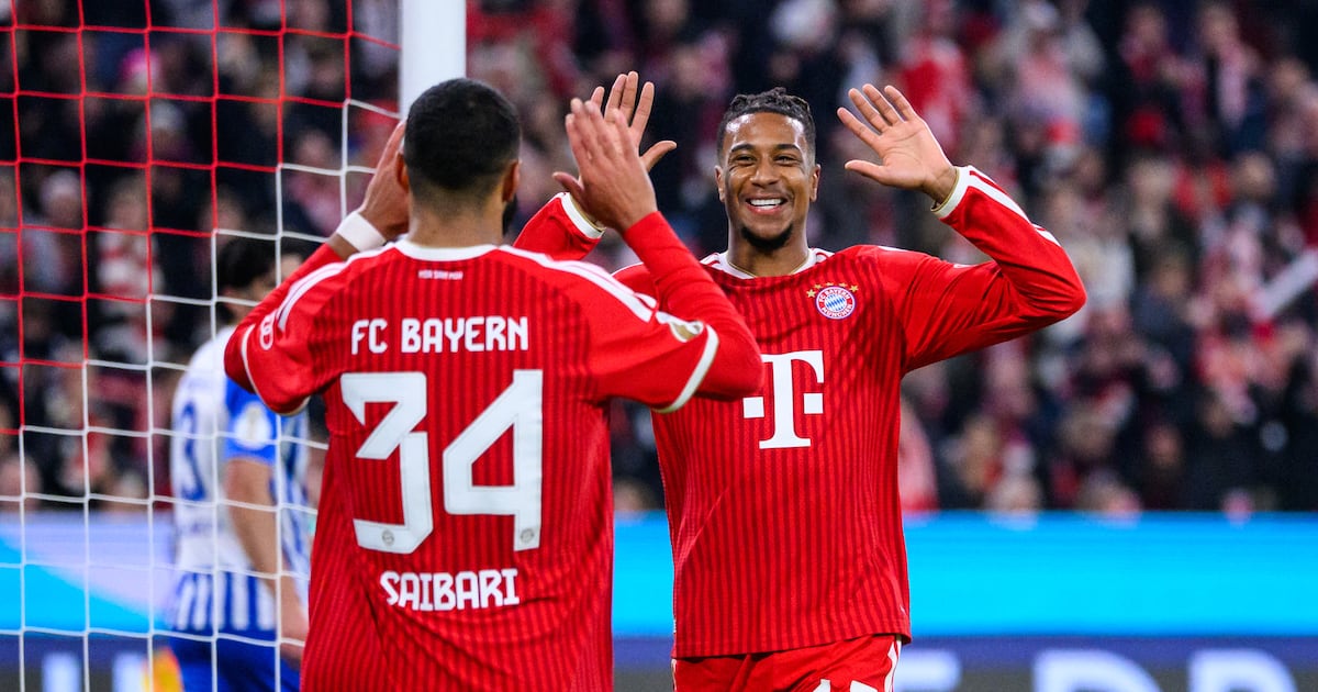 Photo: TSN Munich's Michael Olise, right, celebrates with Ismael Saibari after scoring a goal during the German Cup soccer game between