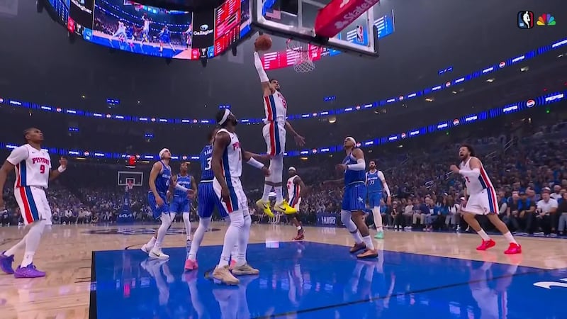 Pistons’ Tobias Harris elevates for a slam