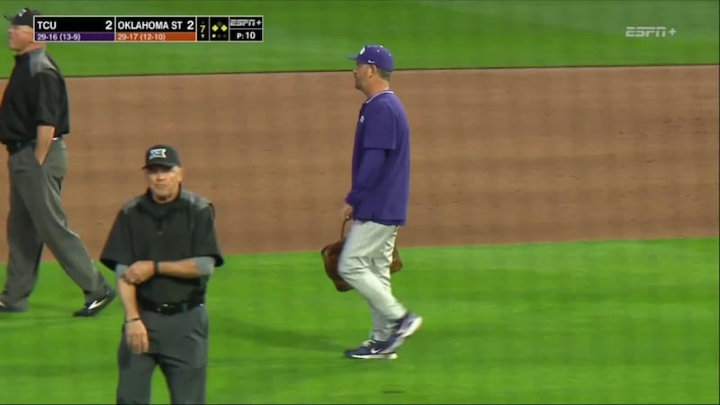 TCU manager takes over a minute to walk across field after ejection