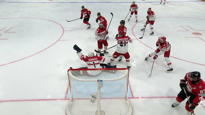 Evan Bouchard denied by Denmark's Nicolaj Henriksen with glove save