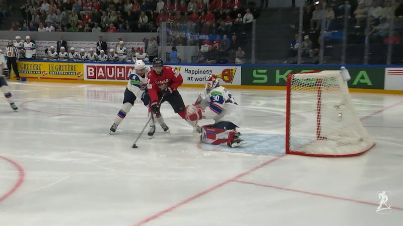 Cozens scores the shorthanded goal to give Canada their first lead of the game