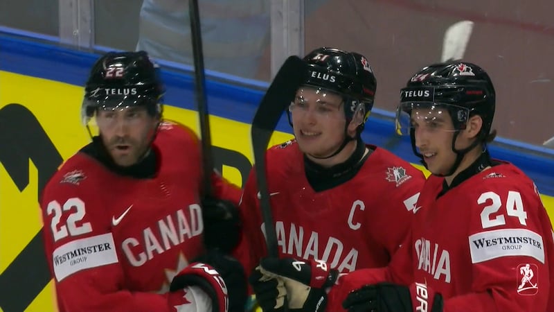 Celebrini buries slick pass from Crosby to get Canada on the board