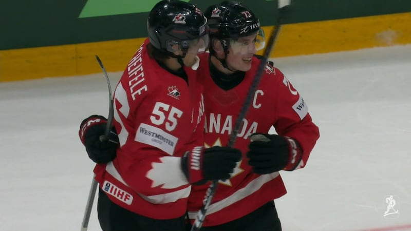 Celebrini snipes the first goal of the game on the PP as Canada draws first blood