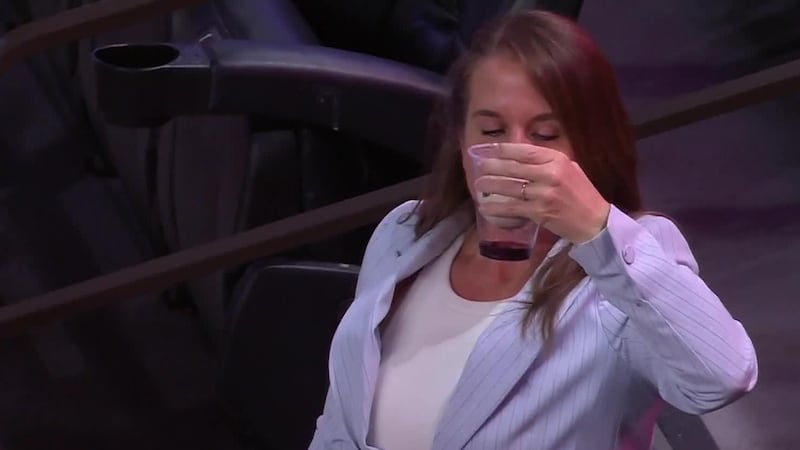 Fan enjoys beverage with a baseball in the cup