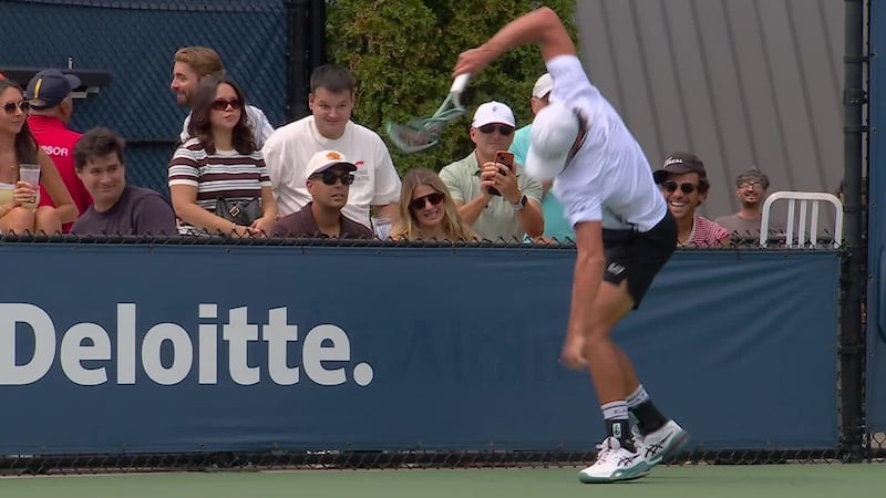 Luciano Darderi smashes his racket in frustration in US Open match