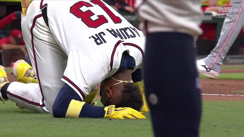 Ronald Acuna Jr. leaves game after fouling ball off his leg