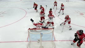 Evan Bouchard denied by Denmark's Nicolaj Henriksen with glove save