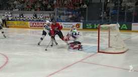 Cozens scores the shorthanded goal to give Canada their first lead of the game  