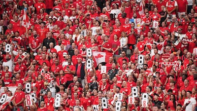 Fans hold up #8 for Koné in the eighth minute to honour the Canadian midfielder 