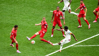 David's shot blocked by Elvedi as Canada searches for first goal against Swiss